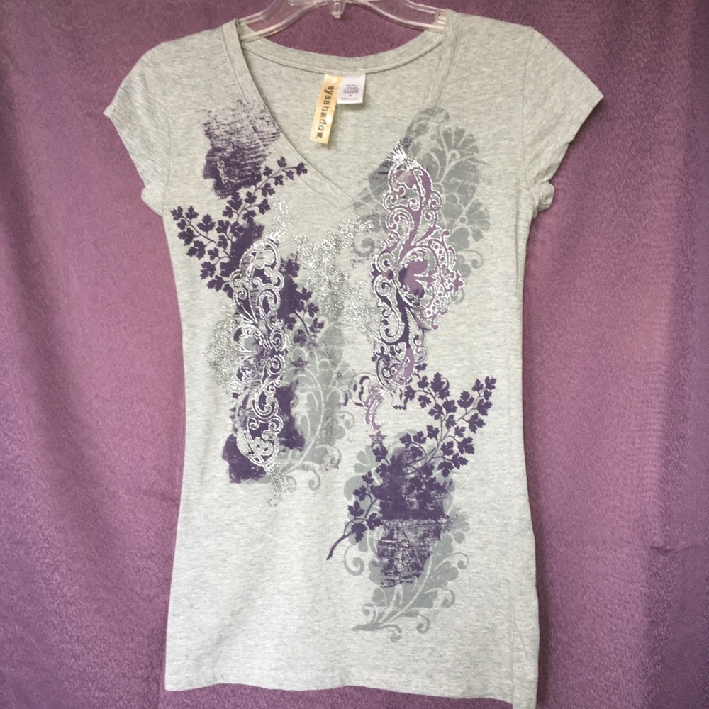 Cute Gray t-shirt with Purple and Silver print